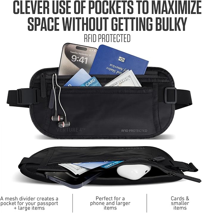 VENTURE 4TH Money Belt for Travel – Hidden Under-Clothes RFID Blocking Passport Holder & Slim Travel Wallet Pouch for Men & Women to Protect Cash, Cards & Documents (Sleek Black)