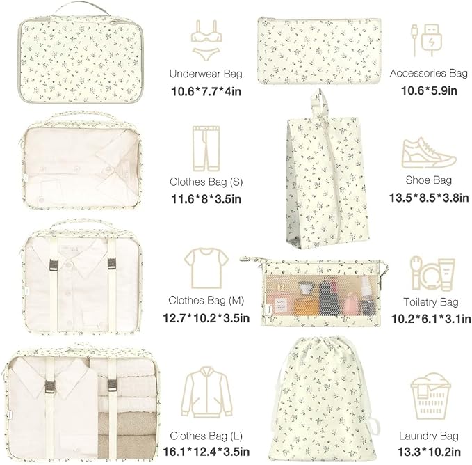 8 Set Packing Cubes for Suitcases, Packing Cube with Shoe, Cosmetics, Clothing, and Accessories Bags for Travel Luggage Organizer Women Men(Grey Flowers)