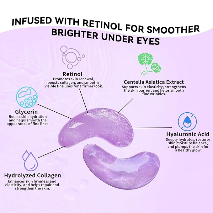 Retinol Under Eye Patches (24 Pairs), Purple Eye Masks for Dark Circles, Puffy Eyes & Wrinkles, Firming Collagen Eye Patches, Vegan Cruelty-Free Skincare Gifts for Women
