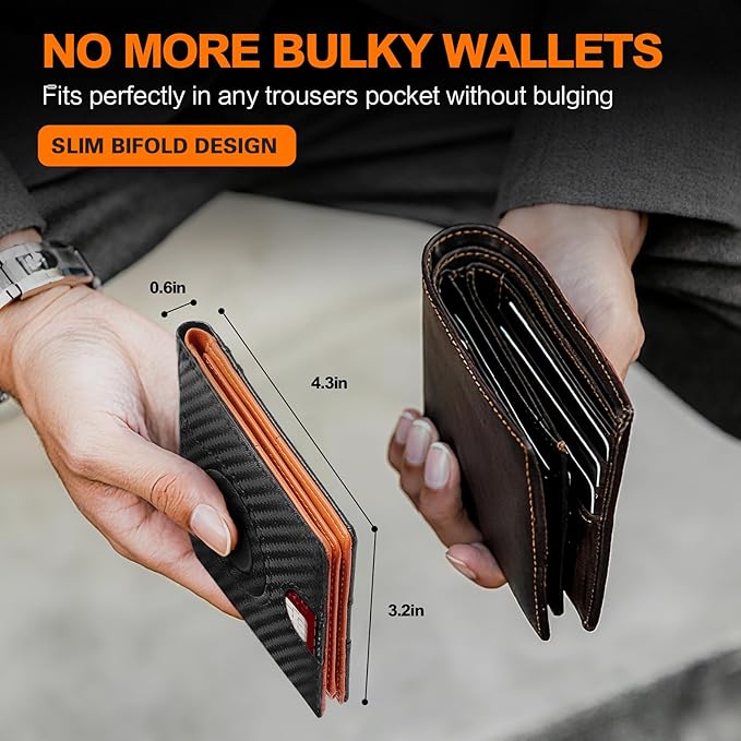 Wallet for Men Slim RFID Blocking Bifold Carbon Fiber,Minimalist Small Compact Front Pocket Credit Card Holder,Thin Mens Leather Wallets Smart Security With 2 ID windows 1 Cash