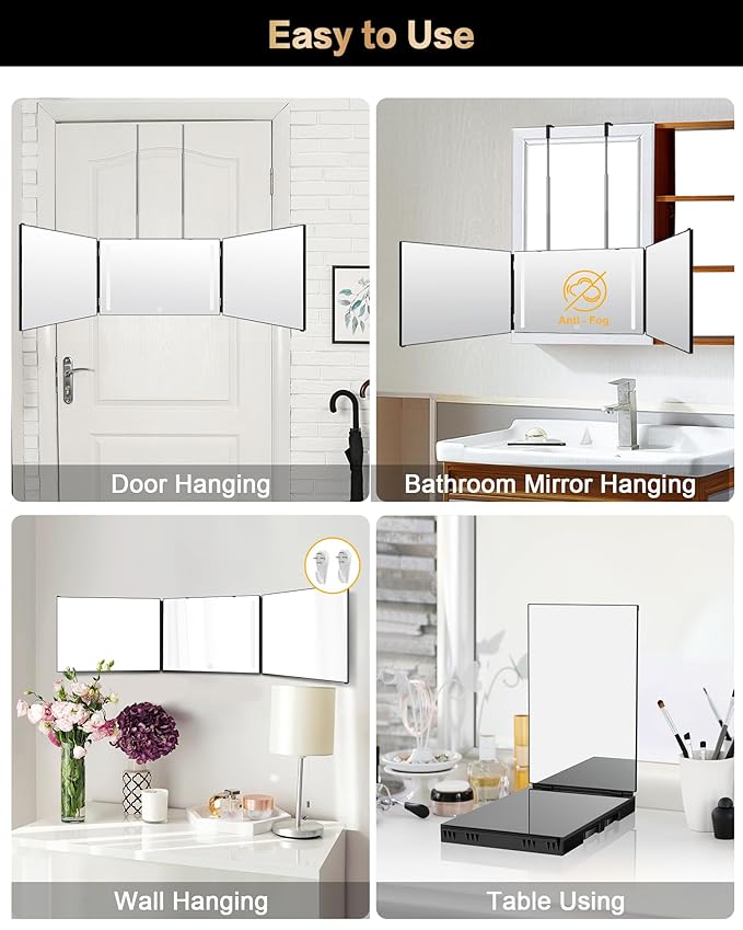 JUSRON 360 Viewing Angle Self Hair Cutting Mirror, Clear Anti-Fog HD Glass, USB Rechargeable, Easy to Use, Height Adjustable, Portable, Good Choice for Gifts