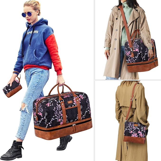 Weekender Bag for Women, Large Overnight Bag Canvas Travel Duffel Bag Carry On Tote with Shoe Compartment 21" 3Pcs Set