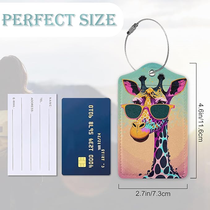 Luggage Tags for Suitcase,2 Pack Funny Giraffe Sunglasses Luggage Tag PU Leather Privacy Cover ID Label with Stainless Steel Loop for Women Men Teens Travel