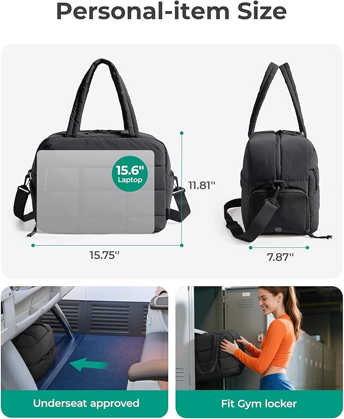 BAGSMART Gym Bag for Women, Carry on Travel Duffel Bag, Water-resistant Weekender with Shoe Compartment for Gym Travel Work, Black, Medium