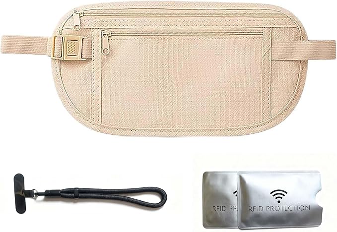 Money Belt for Travel with Anti-Theft RFID Blocking Cards Cover, Phone Wrist Strap, Passport Holder, Slim Waist Wallet Men Women, Money Pouch under Clothes for Travel, Running, Hiking, Beige