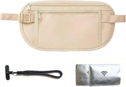 Money Belt for Travel with Anti-Theft RFID Blocking Cards Cover, Phone Wrist Strap, Passport Holder, Slim Waist Wallet Men Women, Money Pouch under Clothes for Travel, Running, Hiking, Beige