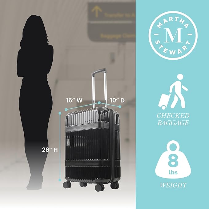 Martha Stewart The Bedford 26 Inch Rolling Luggage, Hardshell Suitcase with Spinner Wheels, Black