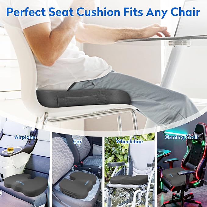 Seat Cushion, Office Chair Cushions, Car Seat Cushion, Non-Slip Sciatica & Back Coccyx Tailbone Pain Relief Chair Pad, Memory Foam Butt Pillow for Computer Desk, Wheelchair, Driving (Grey)