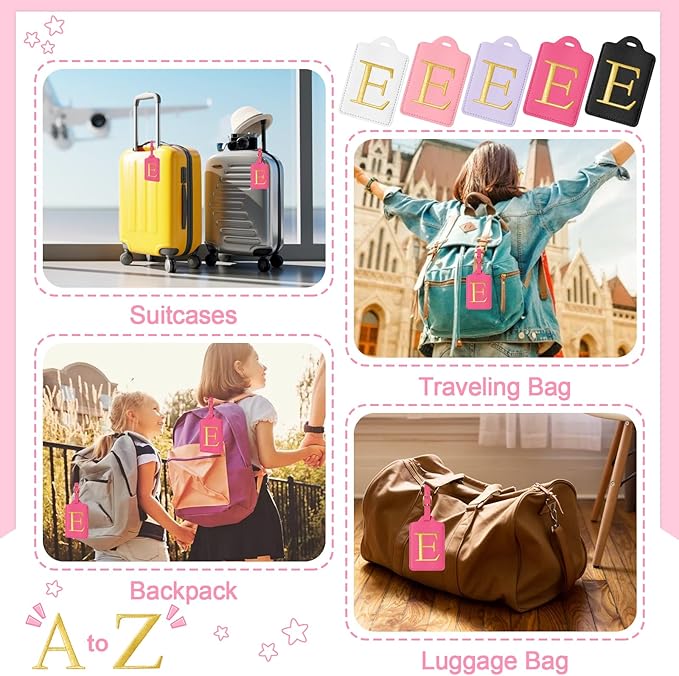 Initial Luggage Tags for Suitcases, Cute Embroidered Letter Luggage Bag Suitcase Identifier Name Baggage Tag, PU Leather Travel Luggage Tags, Bag Tags for Men Women Kids Luggage Handbags(Rosered E)