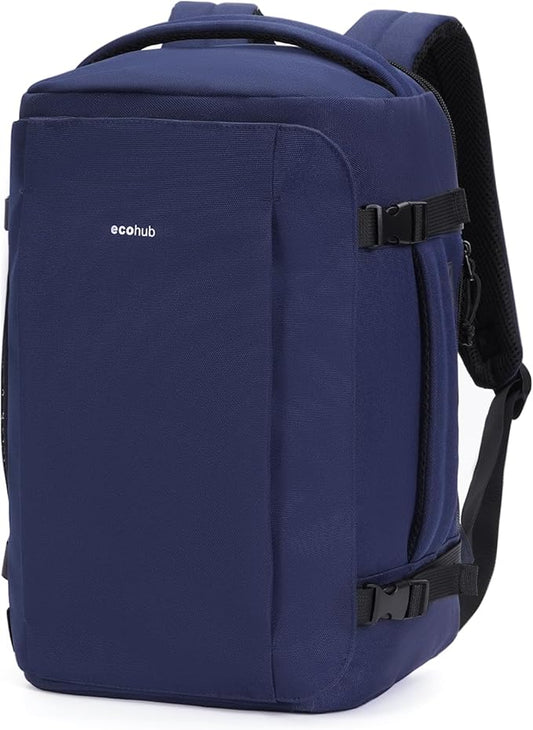 ECOHUB 40L Carry-On Travel Backpack, TSA-Friendly, Anti-Theft Water-Resistant Lightweight with 17.3″ Laptop Compartment, Durable PFAS-Free Rucksack, Blue
