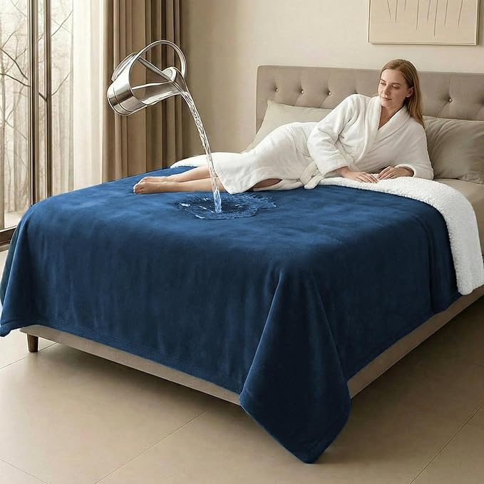 King Size Waterproof Blanket for Bed Couch, 80'' x 80'' Double Side Leakproof Reversible Sherpa Flannel Fleece 3-Layer Lightweight Blanket, Absorbs 70oz(Navy Blue/White), Machine Washable
