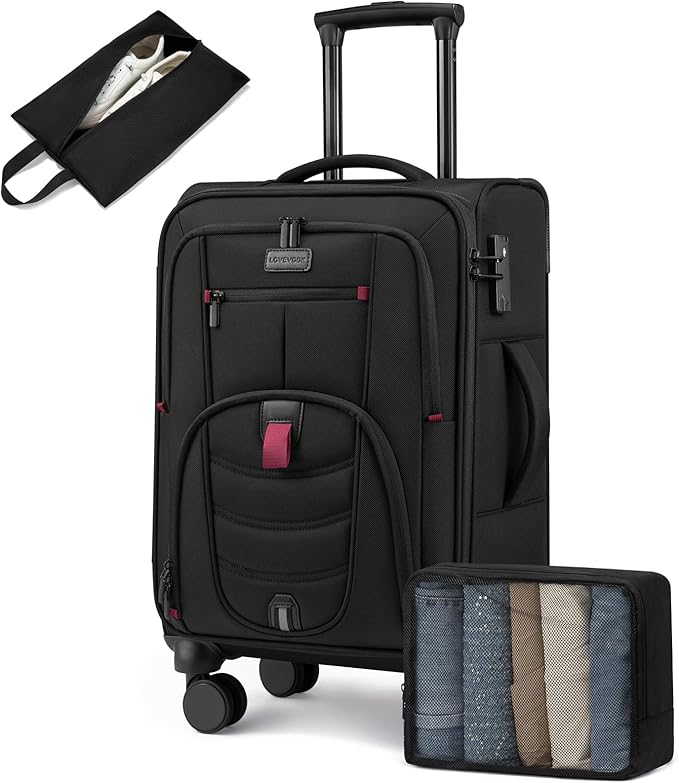 LOVEVOOK Business Softside Checked Luggage with 15.6/17.3 Inch Laptop Compartment, 24 Inch Checked Suitcase with Spinner Wheels, Large Capacity Luggage with TSA Lock for Business Trip Travel, Black
