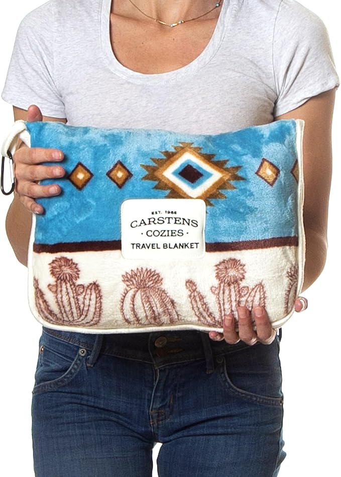 CARSTENS, INC. Travel Blanket, Premium Compact 2-in-1 Airplane Blanket/Pillow, Cactus Stripe