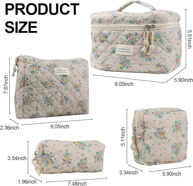 Cute Makeup Bag for Women(2 Pcs), Travel Cosmetic Bags, Quilted Coquette Aesthetic Floral Toiletry Organizer Bag (45 - Yellow Rose/4PCS)