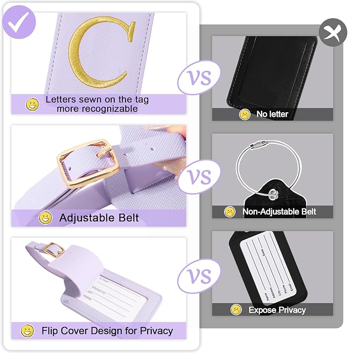 Initial Luggage Tags for Suitcases, Cute Embroidered Letter Luggage Bag Suitcase Identifier Name Baggage Tag, PU Leather Travel Luggage Tags, Bag Tags for Men Women Kids Luggage Handbags(Purple C)