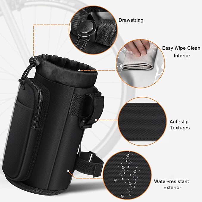 FINPAC Cup Holder for Bike, Universal Water Bottle Holder with Phone Pockets for Stroller Walker Golf Cart Rollator and Scooter, Outdoor, Biking - Black