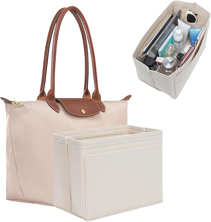 Premium Felt Purse Organizer Insert for Longchamp Le Pliage S, Zipper Long Champ Bag Organizer Insert with Cup Holder, 9 Compartments(Beige, Small)