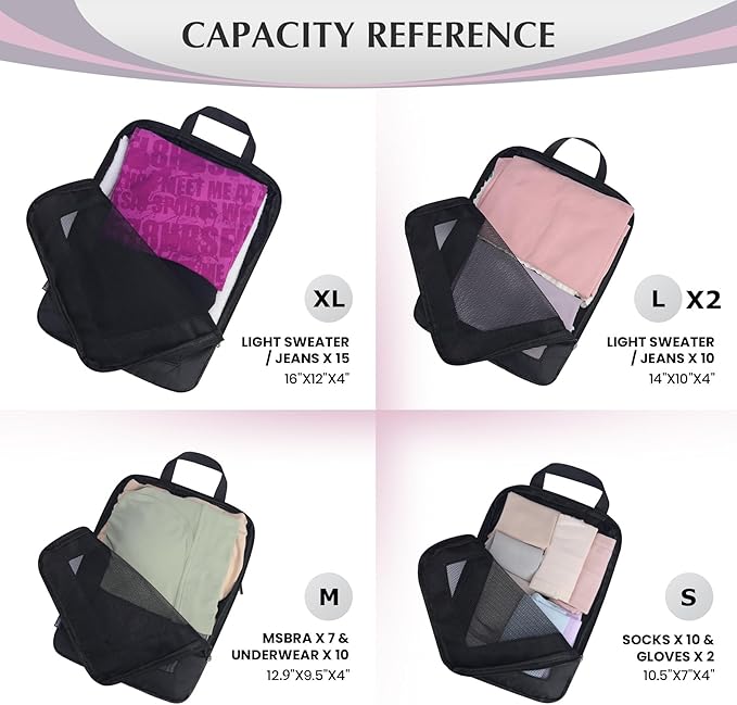 Ultralight Compression Packing Cubes for Suitcases Carry on，Compressible Mesh Packing Cubes for Travel Women Travel Essentials with Shoe Bag 6 Set (Black)