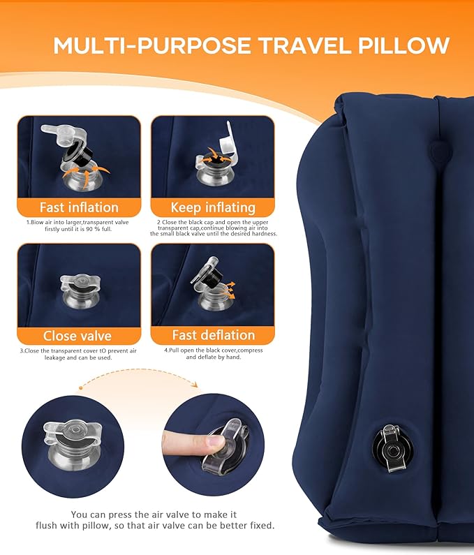 Sunany Travel Pillow, Upgraded Plane Pillow for Long Flights, Inflatable Neck Pillow Used for Airplanes,Cars,Buses,Trains,Office Napping with Eye Mask,Earplugs (Blue)
