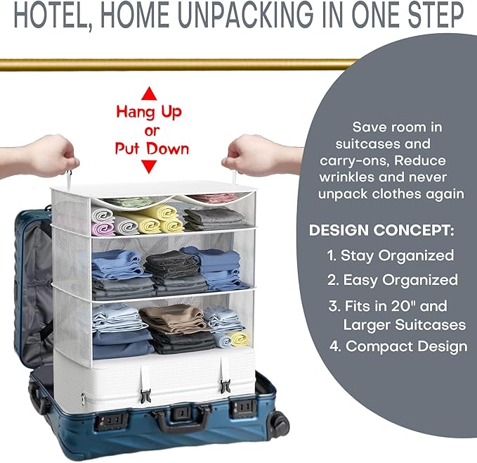 Compressible Packing Cubes Portable Hanging Closet Shelves 17"x12"x24" Extendable Travel Organizer Nylon Packing Bags for Suitcase