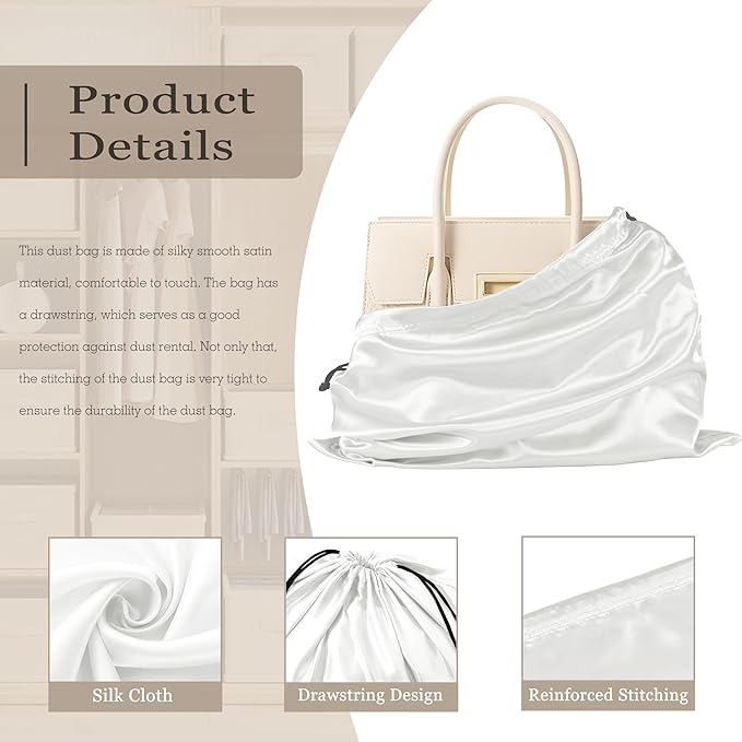 Vonty 3 Pack Silky Dust Bags for Shoes and Purses, Satin Drawstring Bag for HandBags Boots - White Shoe Bag Silk Dust Cover Bag Protector Travel Storage Pouch(23.6 x 19.6 In)