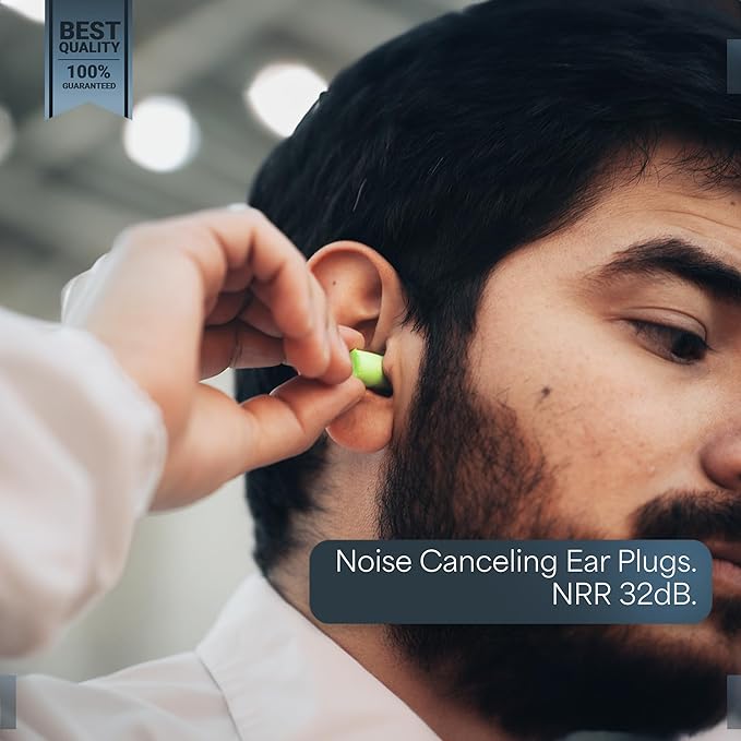 Quality Foam Earplugs 50 Pair- 32dB Noise Cancelling Disposable Individually Wrapped Packaged Bulk in Pairs Soft for Sleeping Travel Concert Shooting Hunting Study Work Construction Safety Green