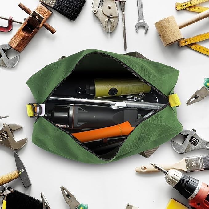 Small Tool Bag, Canvas Tool Storage Bag, Large Capacity Multipurpose Zipper Soft Tote Organizer Pouch for Electrician, Plumbing, Gardening,Tools Bags for Men (Green, 14 Inch)
