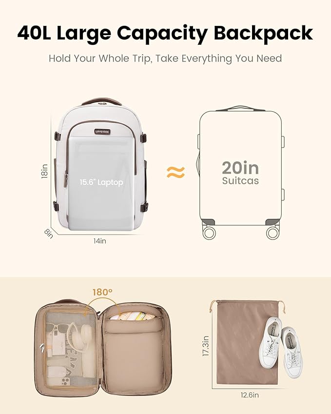 LOVEVOOK 40L Travel Backpack for Women, Airline Approved Carry On Luggage, TSA Personal Item Bag fits 15.6 Inch Laptop, Waterproof Weekender Overnight Suitcase for Work, Purple