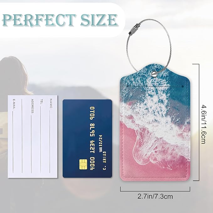 Luggage Tags for Suitcase,2 Pack Pink Beach Blue Ocean Luggage Tag PU Leather Privacy Cover ID Label with Stainless Steel Loop for Women Men Teens Travel