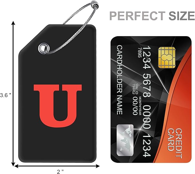Gostwo 2 Pack Silicone Luggage Tags for Suitcases, 26 Initial Letter Baggage Labels Handbag School Bag Suitcase Instrument Tag with Stainless Steel Loop(Black)(Letter U)