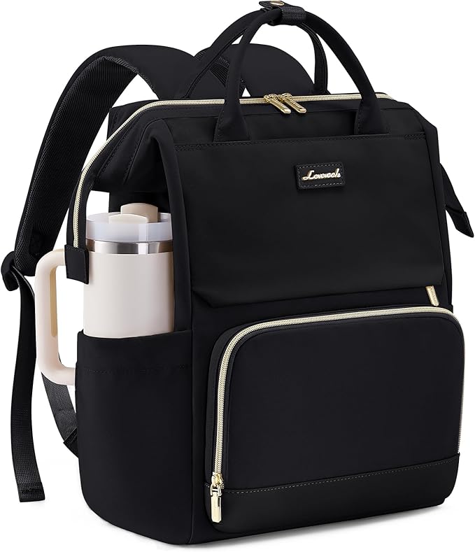 LOVEVOOK Laptop Backpack for Women with Giant Tumbler Holder Pocket, 17 inch Travel Work Backpack Purse for Nurse Teacher, Waterproof School Bag College Bookbag Cute Casual Daypack for Girls Black