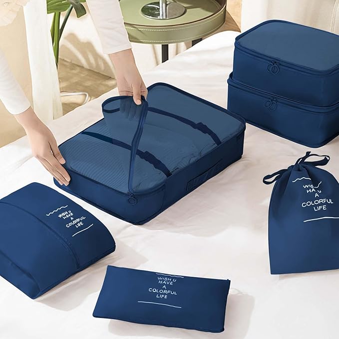 KPX 8 Set Packing Cubes for Travel, Luggage Packing Organizers Accessories Large Toiletries Bag for Clothes Shoes Cosmetics (Navy Blue)