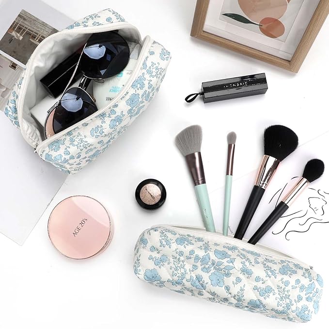 EIMMBD Makeup Bag 3 Pieces Large Capacity Cosmetic Bag Travel Toiletry Bag Organizer Cute Makeup Bag Pouch Storage Bag for Women(Blue White)