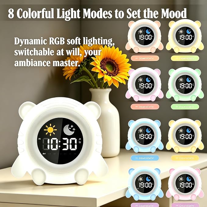 Tiger Cartoon Ok to Wake Alarm Clock, White Noise Tap Night Light for Room | 6 White Noise Sounds, 8 Light Modes, Dual Alarm & Snooze, Dimmable LED, Type-C Rechargeable, 12/24 Hour Display