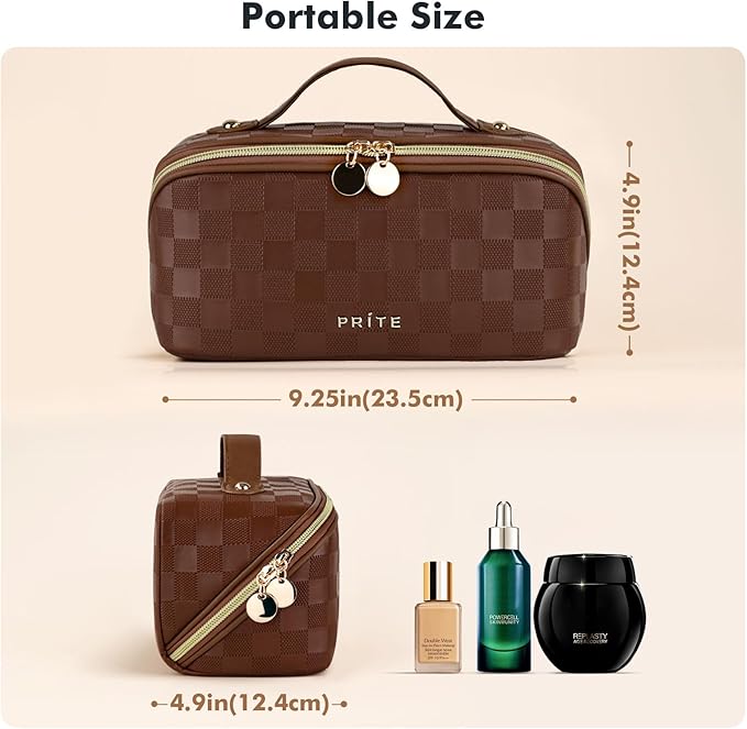 Prite Makeup Bag for Women Travel Waterproof Vegan Leather Cosmetic Bag Open Flat Toiletry Bag With Clear Divider and Handle (Plaid Brown)
