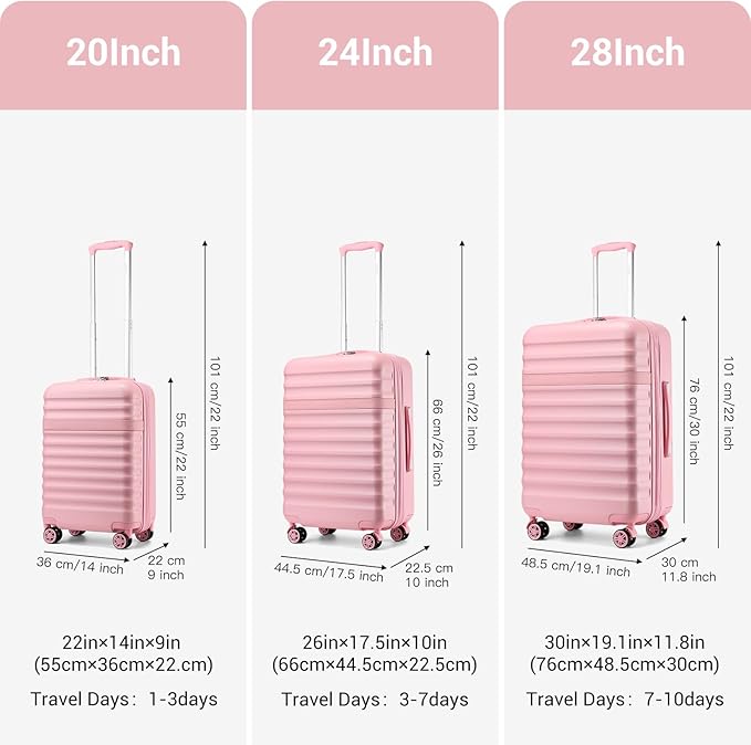 Kono Luggage Set 3 Pieces Expandable PC ABS Durable Suitcase Hardside with Double Spinner Wheels Tsa Lock Pink(20in/24in/28in)
