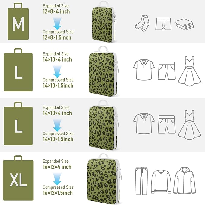 4 Set Compression Packing Cubes For Travel Bags Organizer For Luggage Suitcase Organizer, Compression Bags For Travel Accessories Luggage Storage Set (4 Pcs, Green Leopard)