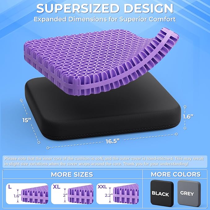 TushGuard Gel Seat Cushion for Long Sitting, Enlarged & Thickened Patent Design, Breathable Cooling for Office Chair, Soft Car Seat Cushion for Wheelchair (Standard, Black)