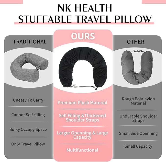 Stuffable Travel Pillow, Stuffable Neck Pillow for Travel, Neck Pillow Stuffed with Clothes Storage - No Extra Baggage Fees, Fits 5+ Days of Travel Essentials, No Filler (Black)