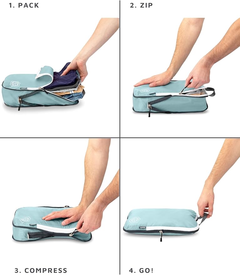 Compression Packing Cubes 2 Piece Set for Carryon Suitcases- Lightweight, Durable Clothes Organizer (Dusty Teal and White)