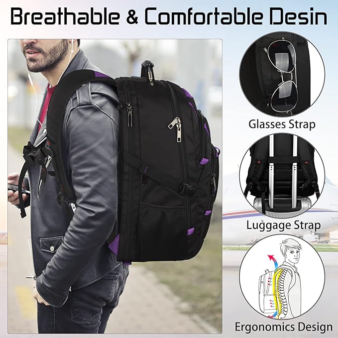 Mogplof 18.4 inch Travel Backpack Men Women, 55-60L Extra Large Laptop Backpack RFID Anti Theft TSA Friendly Flight Approved Backpacks, Water Resistant College School Heavy Duty, Purple