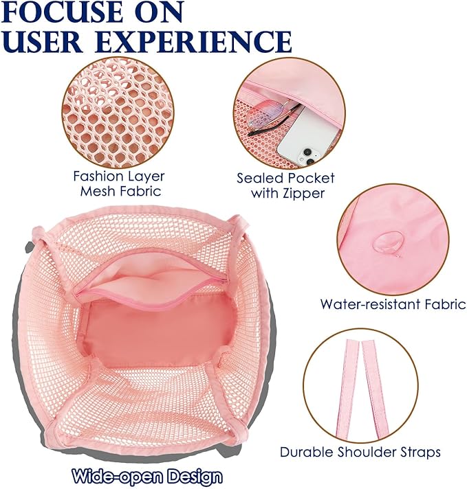 Fammart Mesh Beach Bag, Large Beach Tote with Zipper Pocket, Toys Pool Bag for Family Travel Vacation Cruise Essentials