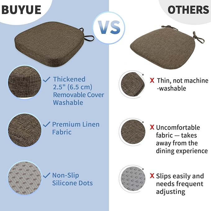BUYUE Thickened 2.5" Dining Chair Cushions Set of 6, U-Shape High Density Foam Comfortable Chair Pads for Kitchen, Slip Resistant Indoor Seat Cushions (6 PCS, Brown)