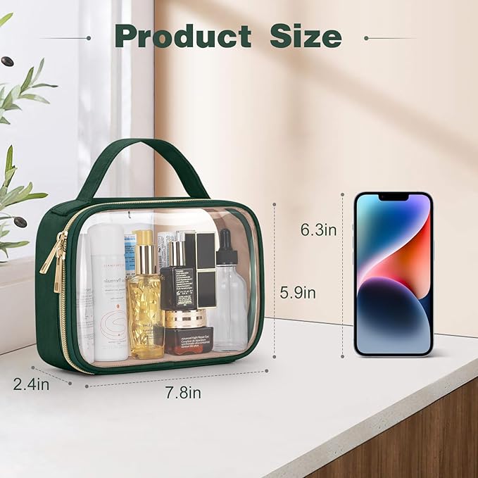 Wedama TSA Approved Toiletry Bag, 4 Pack Clear Makeup Bags with Handles, Quart Size Clear Toiletry Bags, PVC Cosmetic Bags for Women and Men, Carry on Airport Airline Compliant Bag, Dark Green