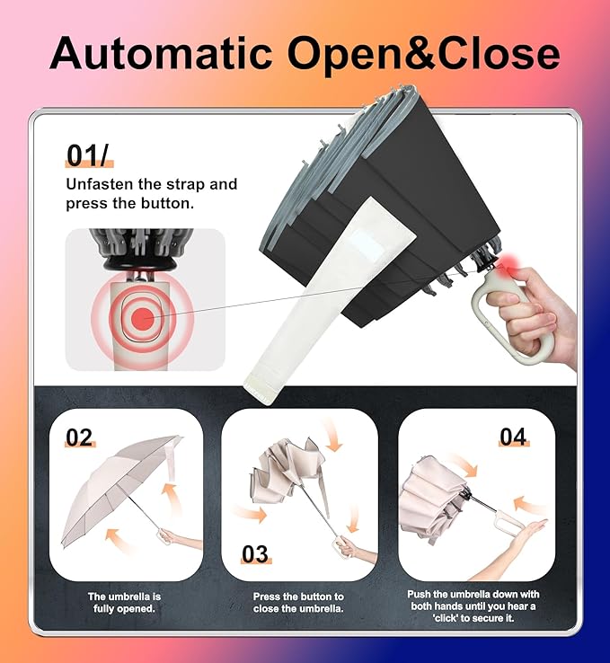 QWB TUMAAOTU Inverted Umbrella with Carabiner Handle, Compact Wind Proof Umbrellas For Rain and Sun Protection, Portable Reverse Folding Umbrella, Car Umbrella for Women Men, 10 Ribs