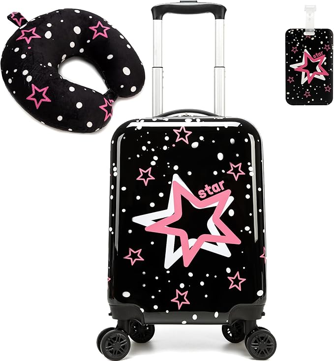 Kid's Luggage Set 2 Piece Suitcase Set Hardside Luggage with Spinner Wheels Girls Carry on Toddler Travel Rolling Suitcase with Neck Pillow Airline Approved
