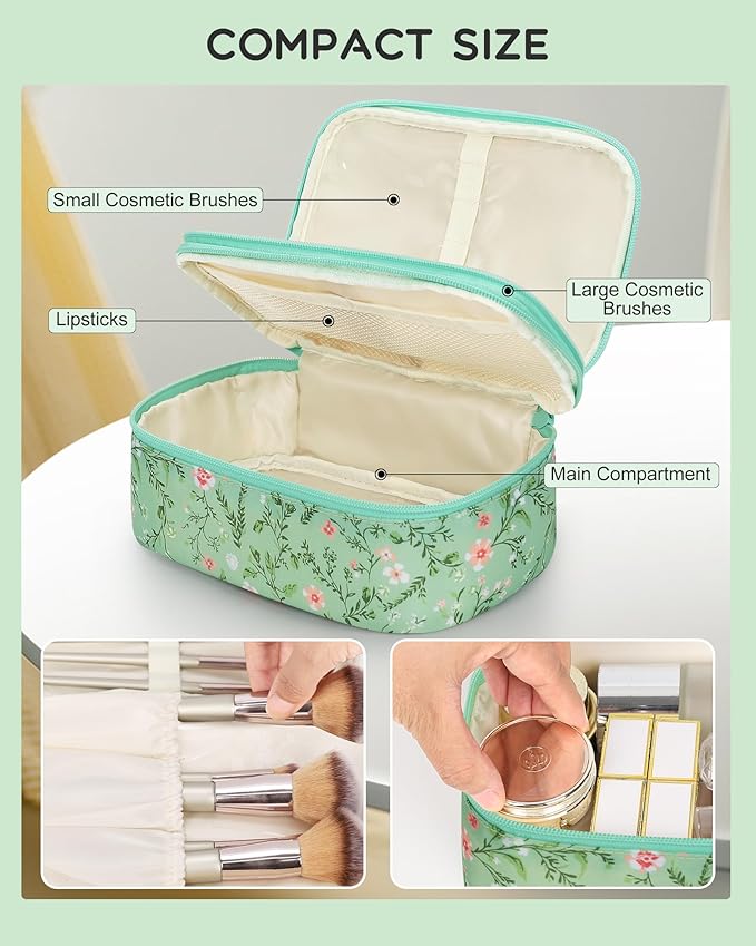 Relavel Small Makeup Bag, Travel Floral Cosmetic Bag with Makeup Brush Compartment, Portable Makeup Pouch for Women, Double Layer Makeup Organizer Bag Cute Toiletry Bag, Green Floral