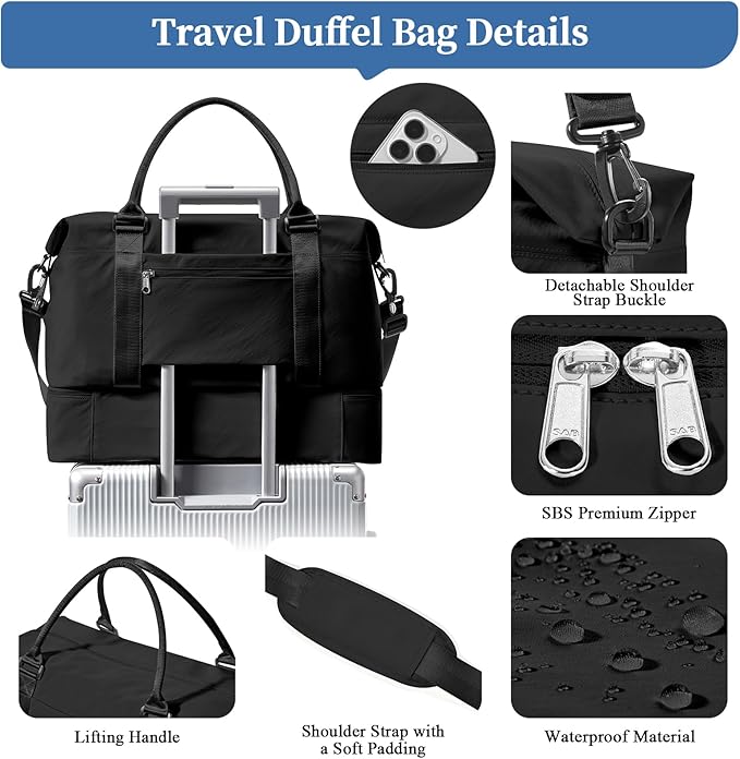 Weekender Bags for Women,Personal Item Travel Bag with Shoes Compartment,Overnight Travel Duffel Bag with Quilted Toiletry Bag,Black