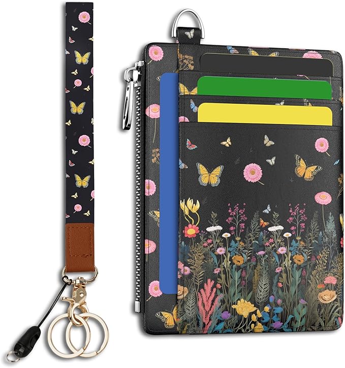 Hancynir Florals Butterfly Slim Wallet Women Credit Card Holder, Flowers RFID Blocking Front Pocket Wallet Wristlet Keychain Lanyard, Small Cute Mini Thin Travel Zipper Coin PU Leather Card Case Gifts