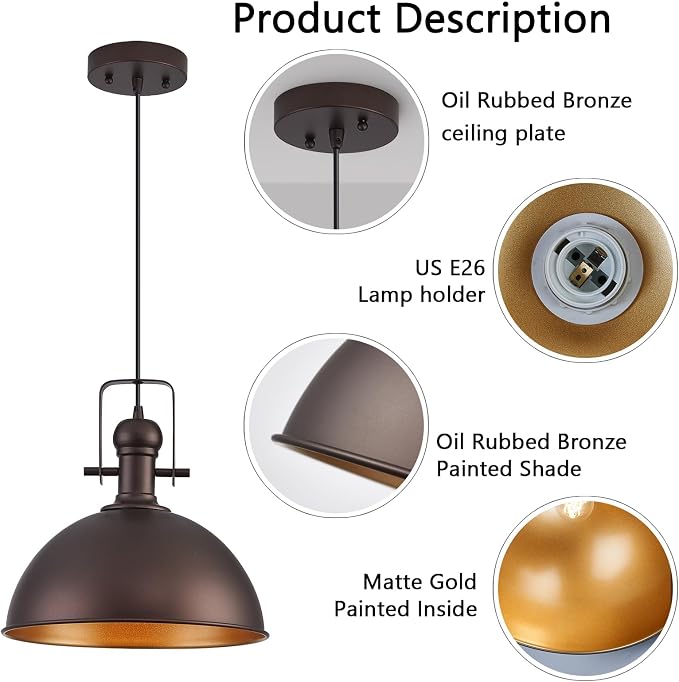 12 Inch ORB Farmhouse Pendant Lights for Kitchen Island 3 Pack | ETL Certificate, Easy to Install,Adjustable Height Cord,Vintage Industrial Dome Hanging Light Fixtures
